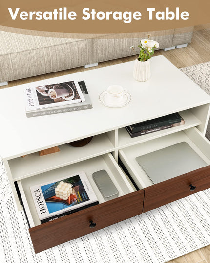 Giantex Rectangular Coffee Table with Storage, 2 Tier Wood Tea Table with 2 Drawers