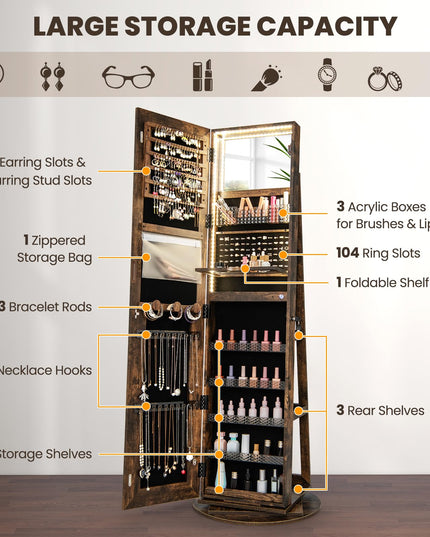 CHARMAID LED Mirror Jewelry Cabinet Armoire 360° Swivel, 63" H 3-Color Lighted Full Length Mirror