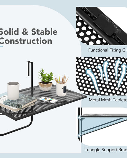 Giantex Balcony Table, Folding Outdoor Side Table for Railings Up to 2.4" Thick, Space-saving Railing Serving Table with Metal Frame