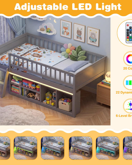GIANTEX Low Loft Bed Twin Size with LED Lights