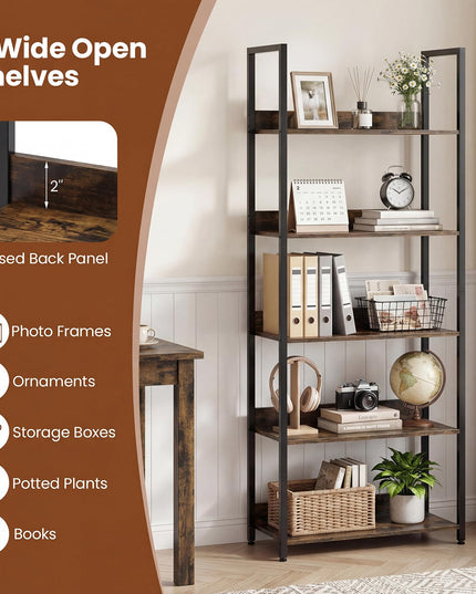 Giantex 5-Tier Tall Wooden Open Bookcase with Back Panels & Metal Frame (1/2)