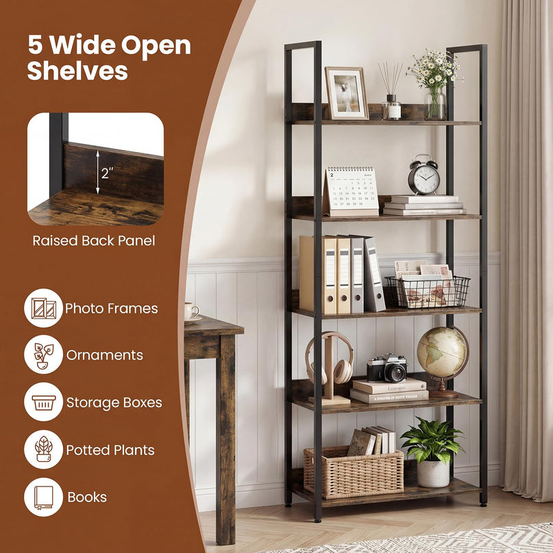 Giantex 5-Tier Tall Wooden Open Bookcase with Back Panels & Metal Frame (1/2)