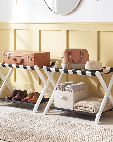 Giantex Folding Luggage Rack | Solid Rubber Wood Suitcase Stand with Storage Shelves (1/2)