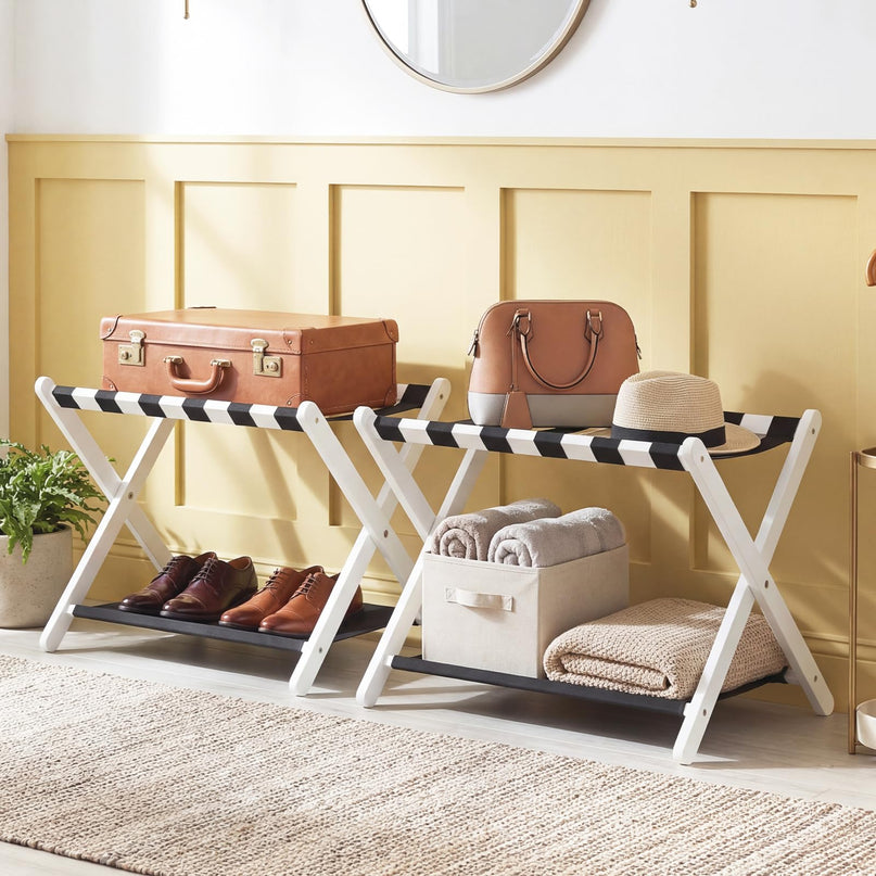 Giantex Folding Luggage Rack | Solid Rubber Wood Suitcase Stand with Storage Shelves (1/2)