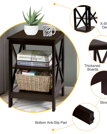 Nightstand 3-Tier X-Design W/Storage Shelves and Stable Structure Storage Organizer Display Sofa Side Table