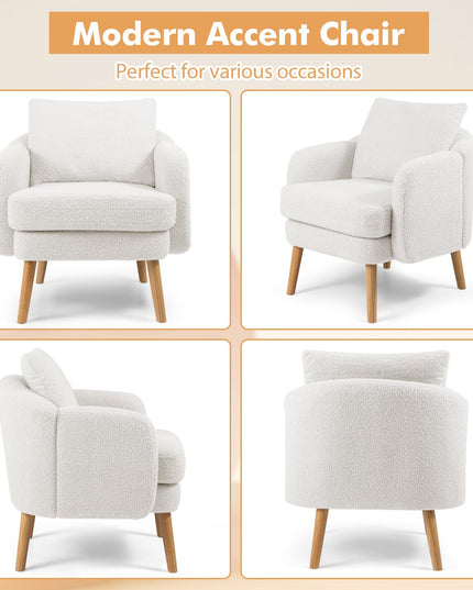 Giantex Sherpa Accent Chair, Modern Upholstered Single Sofa Chair with Back Pillow & Solid Rubber Wood Legs