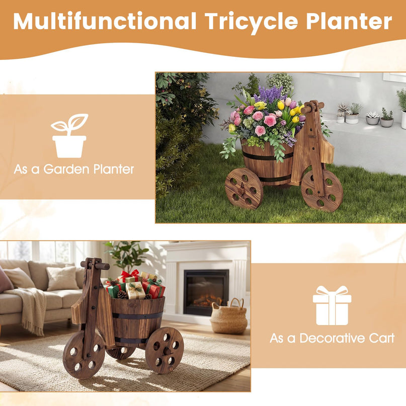 Giantex Rustic Wood Plant Stand with 3 Wheels & Drainage Hole for Flowers Herbs Vegetables