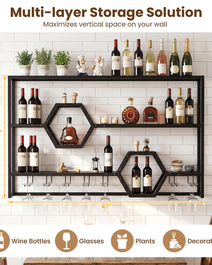 Giantex Wall Mounted Wine Rack | 47” Large Floating Bar Shelves w/Glass Holder