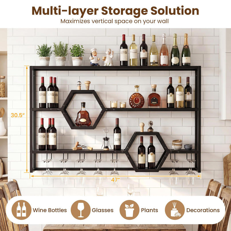 Giantex Wall Mounted Wine Rack | 47” Large Floating Bar Shelves w/Glass Holder