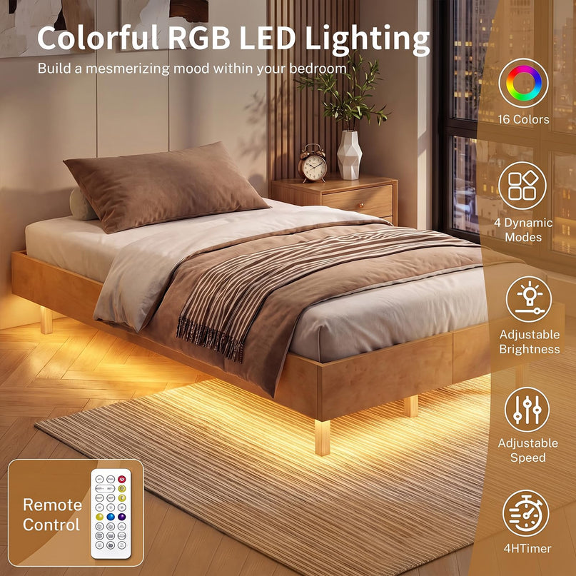 GIANTEX Wood Floating Bed Frame Twin/Full/Queen Size with Smart LED Light