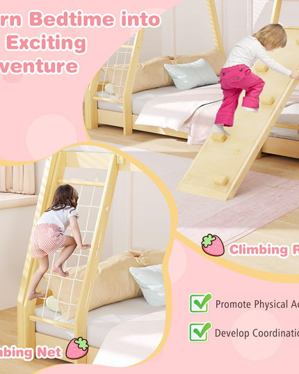 Giantex Twin Over Queen Bunk Bed, Wood House Bunk Bed for Kids with Climbing Nets and Ramp