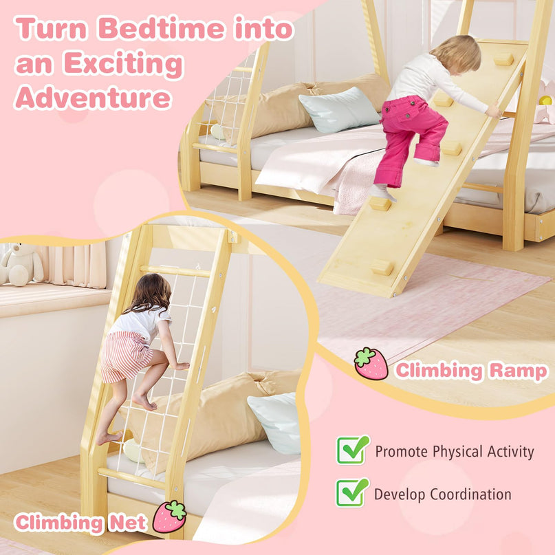 Giantex Twin Over Queen Bunk Bed, Wood House Bunk Bed for Kids with Climbing Nets and Ramp