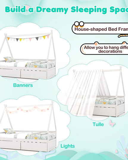 Giantex Twin Bed with 2 Storage Drawers, Wood Montessori House Tent Bed Frame with Safety Guardrail