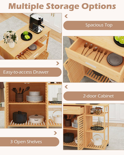 Giantex Bamboo Kitchen Island Cart with Drawer and Storage Cabinet