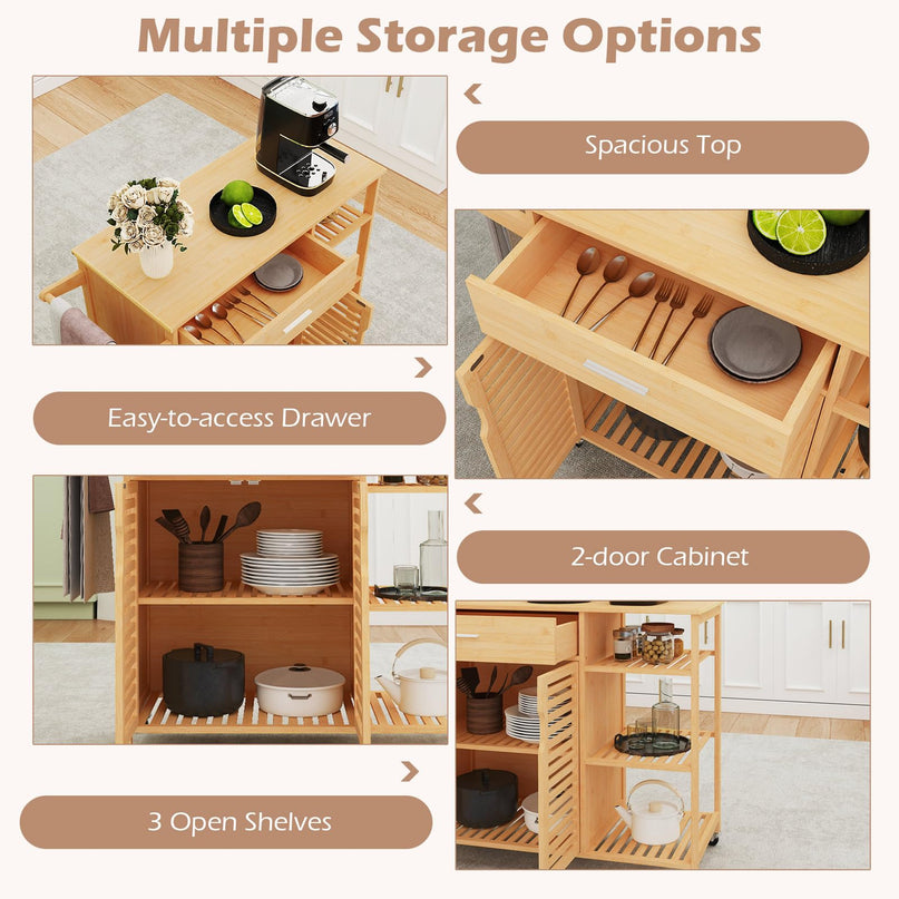 Giantex Bamboo Kitchen Island Cart with Drawer and Storage Cabinet
