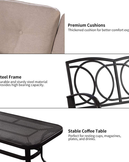 2 Pcs Patio Loveseat with Coffee Table Outdoor Bench with Cushion and Metal Frame