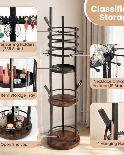 CHARMAID Range-bijoux rotatif sur pied à 360° | Arbre à bijoux de 148,6 cm avec présentoirs à boucles d'oreilles à 3 niveaux