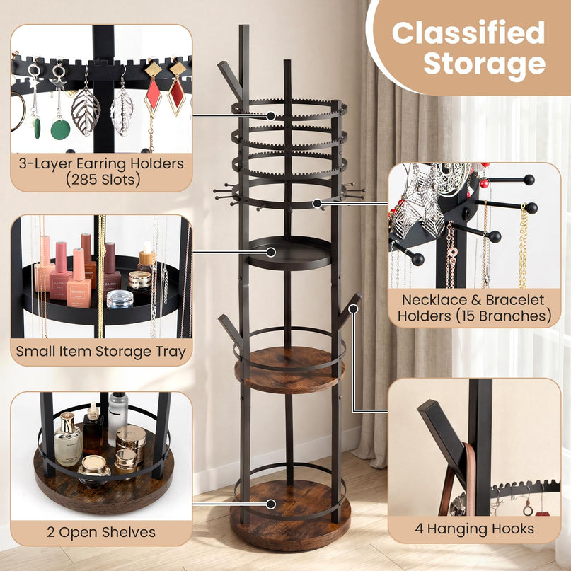 CHARMAID 360° Rotating Floor Standing Jewelry Organizer | 58.5" Jewelry Tree with 3-Tier Earring Holders