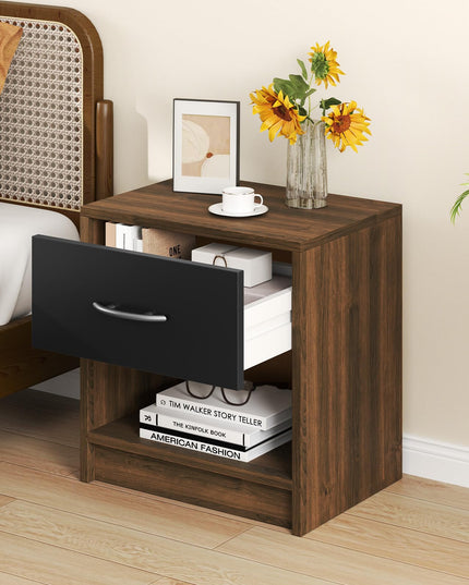 Giantex Night Stand Set of 1/2 with Drawer, Wood  End Table with Open Storage Shelf for Bedroom