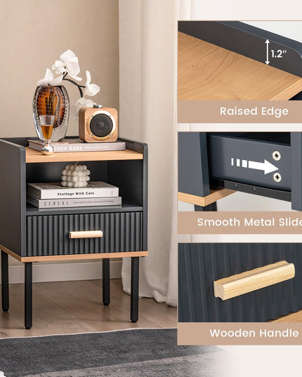 Giantex Modern Nightstand with Drawer - Bedside Table with Open Shelf, Gray