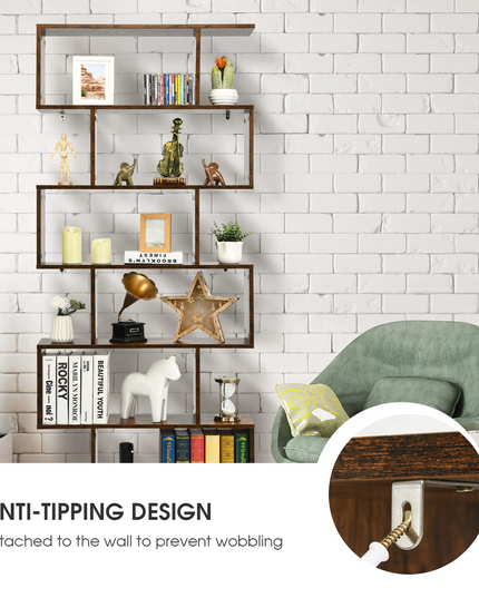 Giantex Geometric Bookcase Rustic, Solid Wood S-Shaped Bookshelf