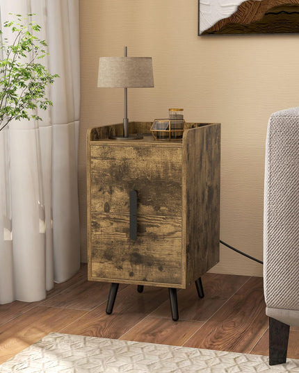 Giantex Nightstand with Charging Station, Narrow End Table with 2 Drawers & Metal Gold Legs