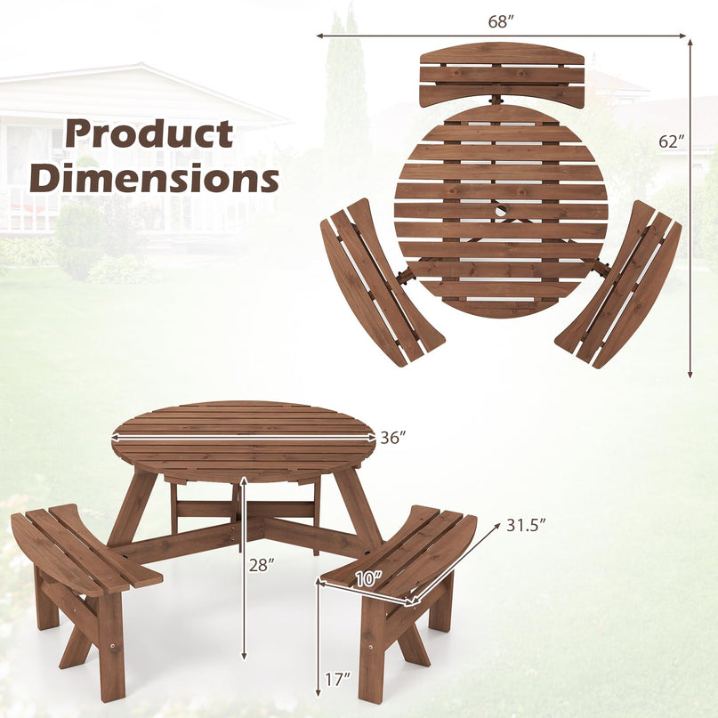Giantex 6-Person Round Picnic Table Set with 3 Benches 550 LBS Bench Capacity