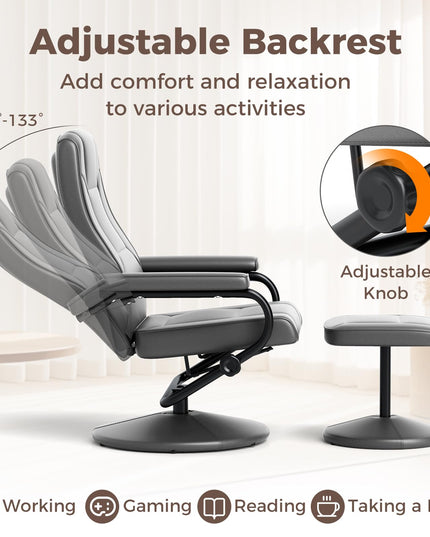 Giantex Recliner Chair with Ottoman, 360 Degree Swivel Leather Reclining Chair with Stable Steel Base