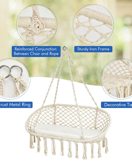 Hammock Chair 2 Seat, Macrame Hanging Chair with Cushion