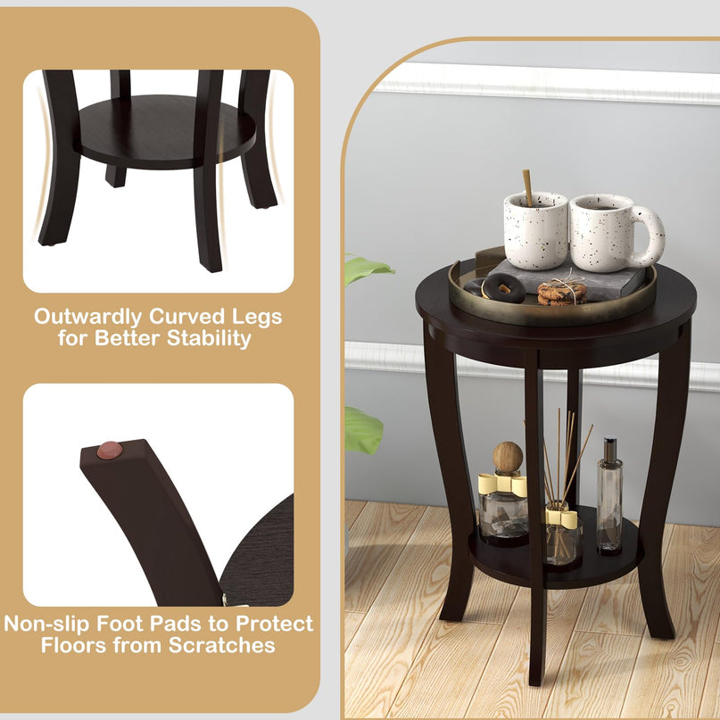 Giantex Round End Table with Storage Shelf Set of 2, Retro Nightstand with Solid Wood Legs, 24.5" Accent Table for Small Spaces