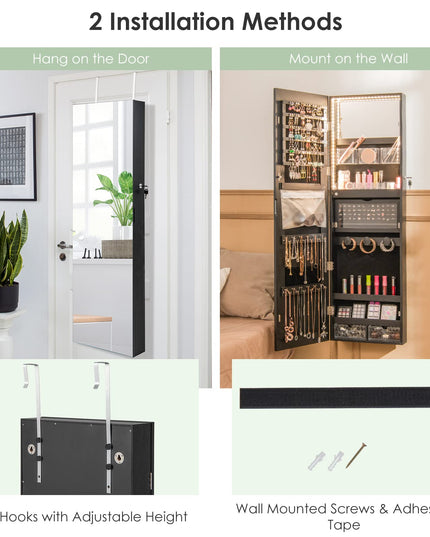 CHARMAID Wall/Door Mounted Jewelry Armoire with 3-Color LED Lights, 47.2"H Full Length Mirror