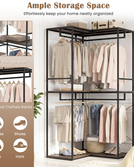 Giantex 3-Tier L-Shaped Garment Rack w/3 Open Shelves & 2 Hanging Racks