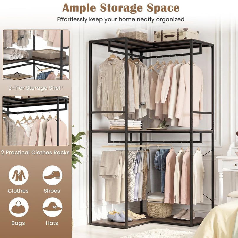 Giantex 3-Tier L-Shaped Garment Rack w/3 Open Shelves & 2 Hanging Racks