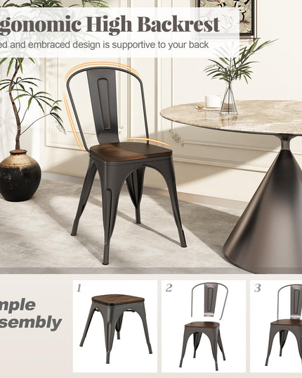 Giantex Metal Dining Chairs Set of 4, Stackable Kitchen Chairs with Wood Seat & Removable Backrest