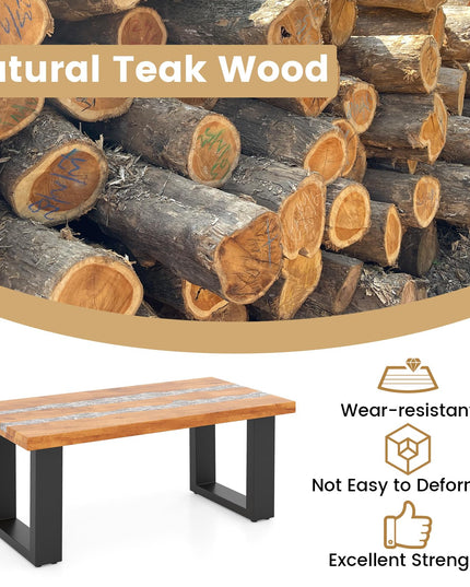 Giantex Teak Outdoor Coffee Table, Rectangular Resin Side Table with River Feel Epoxy Tabletop
