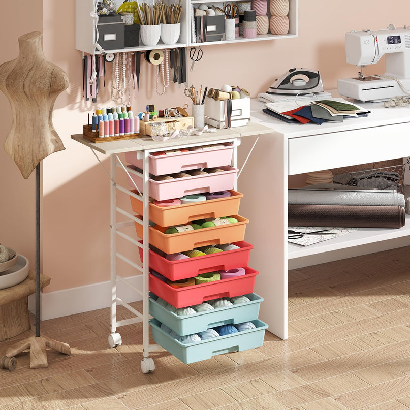 Giantex 8 Drawers Rolling Cart with Wheels Folding Wood Top