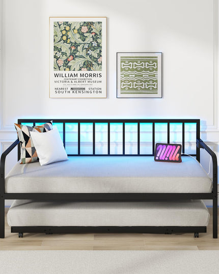Giantex Twin Daybed with Trundle, Metal Day Bed with Charging Station & LED Lights