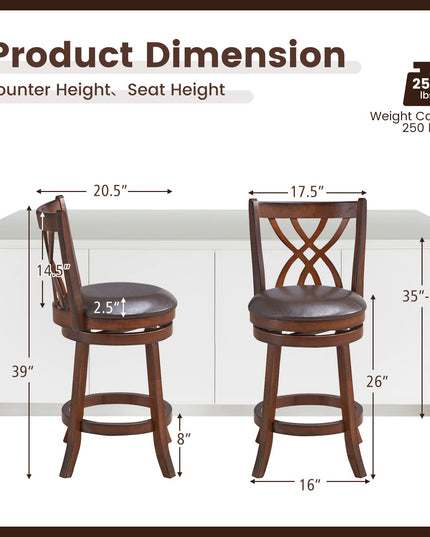 Giantex Brown Bar Stools PU Leather Cushioned Seat and Footrests, for Kitchen Island