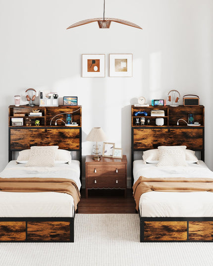 Giantex Bed Frame with Storage Headboard and Charging Station, Industrial Metal Platform Bed