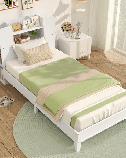 Giantex Twin Bed Frames for Kids, Wooden Twin Size Bed with Storage Bookcase Headboard