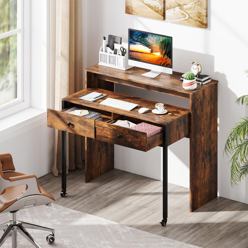Giantex Small Computer Desk with Hutch & Drawers