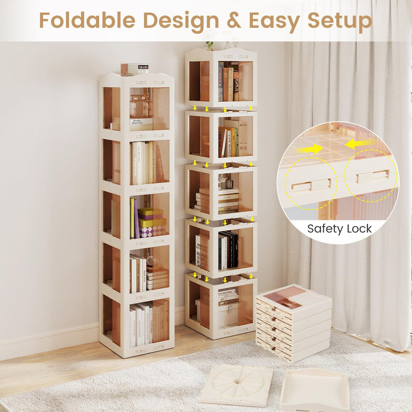 Giantex 5-Tier 360° Revolving Bookshelf Tower | Translucent Storage Organizer