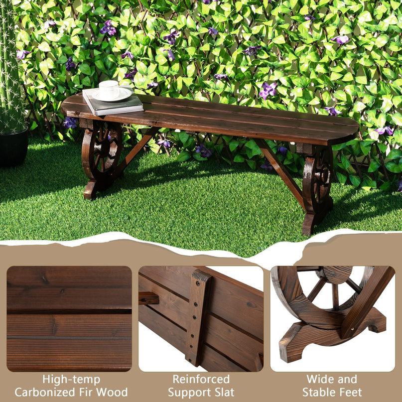 Giantex 2-Person Wooden Outdoor Bench - Patio Bench w/Wagon Wheel Legs