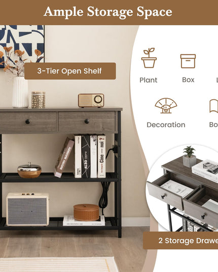 Giantex Console Table with Outlets - 3-Tier Entryway Table w/USB Ports, 2 Storage Drawers