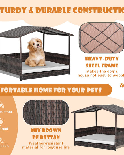 Giantex Wicker Dog House, Raised Rattan Dog Bed with Roof, Removable Cushion and Steel Frame