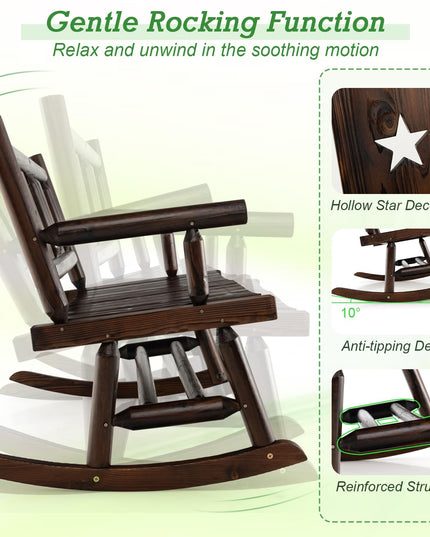 Giantex Outdoor Rocking Bench, Patio Loveseat Rocker for 2 w/Ergonomic Back & Log Arms, Carbonized Fir Wood Frame