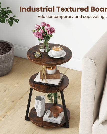 Giantex Round End Table, Industrial Side Table with Sturdy Metal Frame, Coffee Table, 3-Tier Bedside Table for Bedroom, Living Room