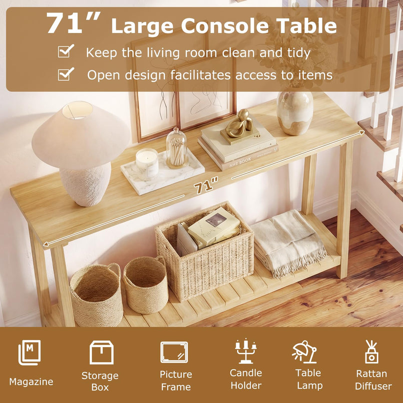 Console étroite Giantex à 2 niveaux avec cadre en teck et étagère de rangement (71" x 12" x 31")