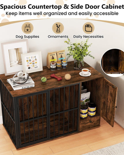 Meuble cage pour chien Giantex 47,5" avec tiroir d'alimentation dissimulé et meuble de rangement latéral