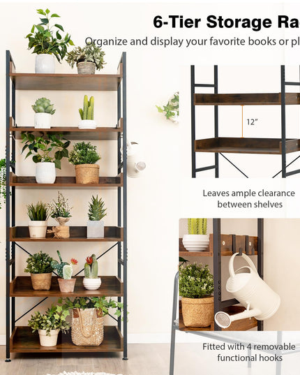 Giantex Industrial 6-Tier Bookshelf, 70" Tall Freestanding Storage Display Shelf with 4 Hooks